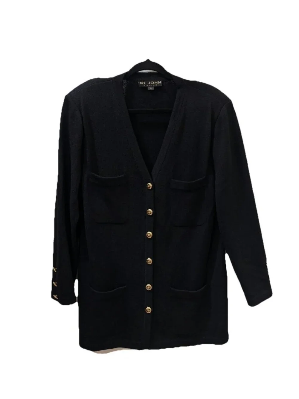 St. John Basics Black Vintage V Neck Knit Cardigan Jacket Patch Pockets Size 14